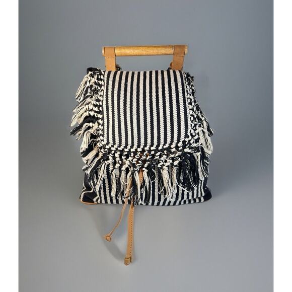 World Market Boho Backpack Purse Black White Stripe Fringe Wood Handle Woven - Picture 1 of 6